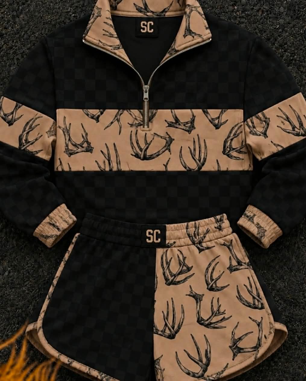 Southern Girl Antlers + Black Checkered {Set Pullover + Shorts} Youth & Adult Pre order Delivering to you early in September SC Custom Piece