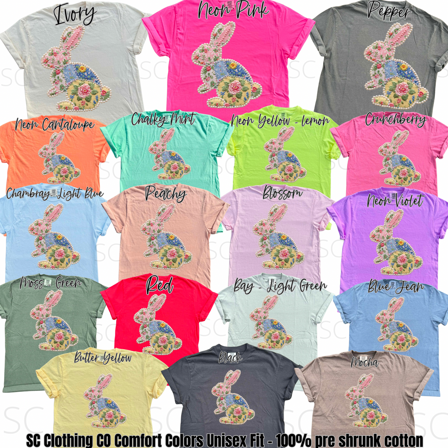 Floral Pearl faux Patchwork Bunny Comfort Colors Tee