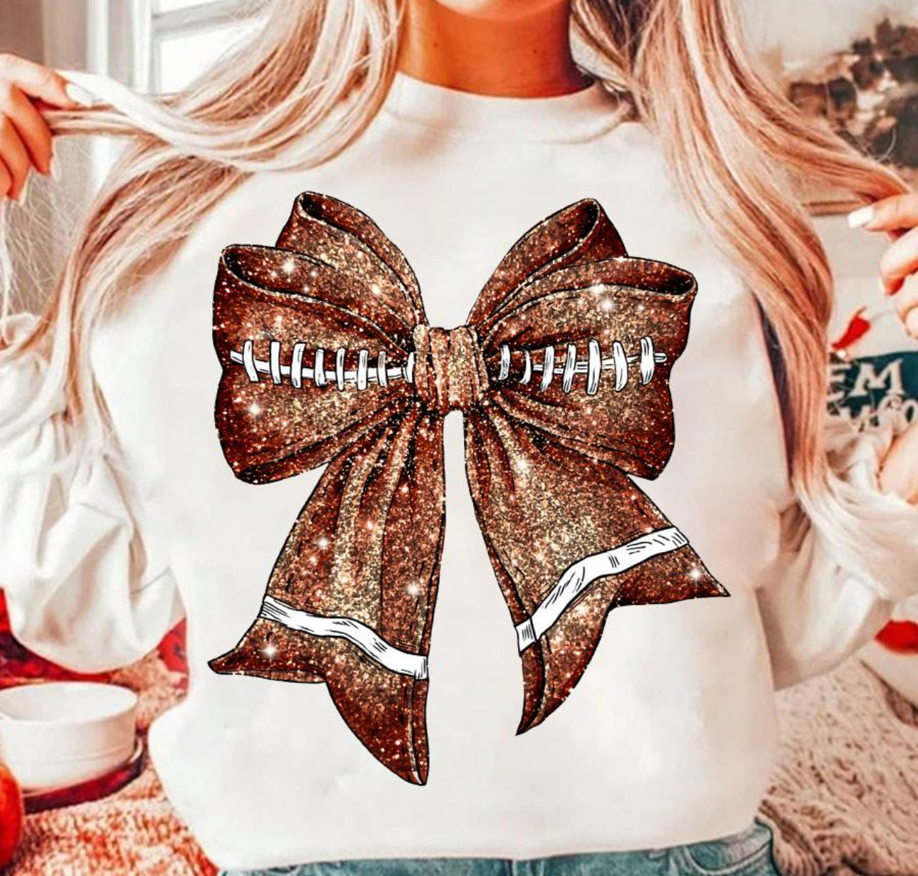 Faux sequin football bow ADULT TEE OR PULLOVER