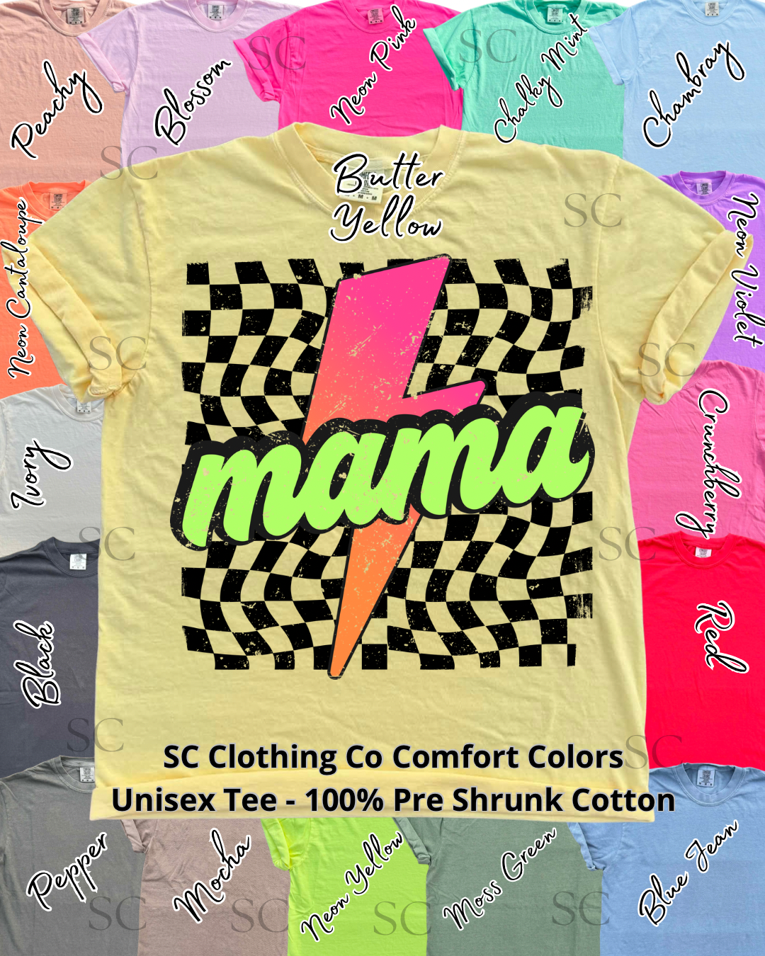 Bright Checkered Mama Bolt Comfort Colors Tee