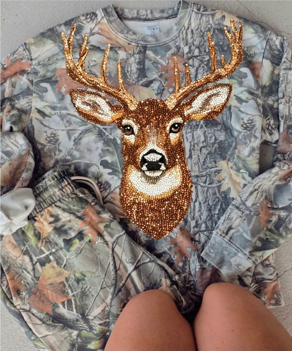 Rhinestone Deer Hunter Green Camo Shorts & Pullover {SET OR SEPARATE}