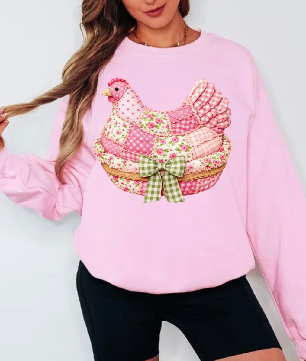 Pullover Pink Faux Patchwork Chicken in Basket