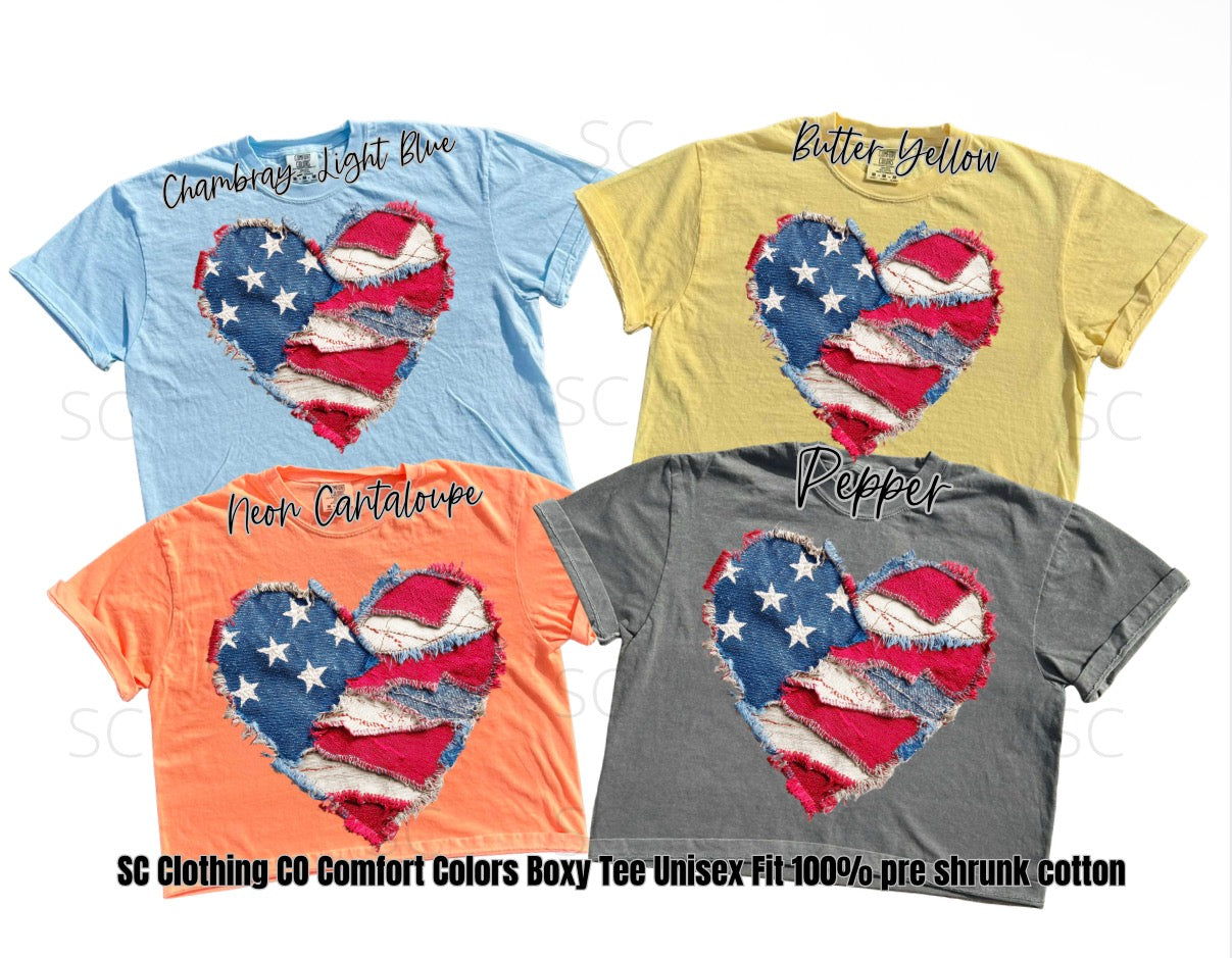 Red/White/Blue Faux Yarn Heart Boxy Comfort Color Tee