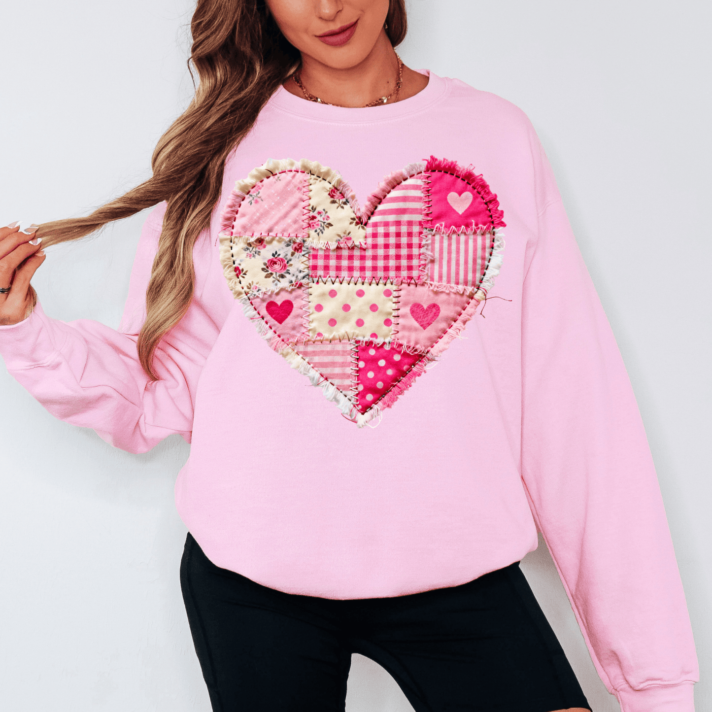 Pink Heart Faux Patchwork Pullover