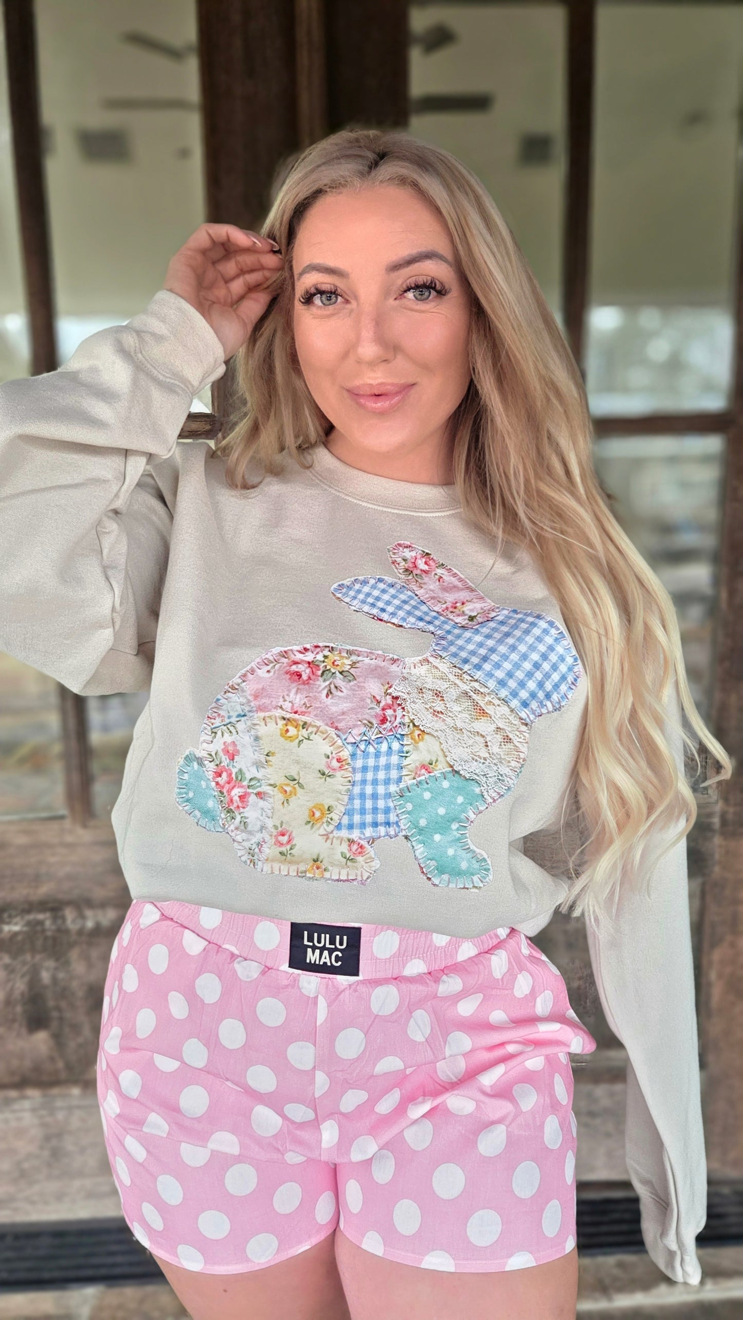 Faux Patchwork Printed Bunny Pullover