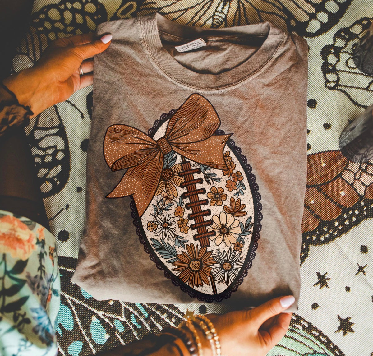 Floral Bow Football Comfort Colors Tee