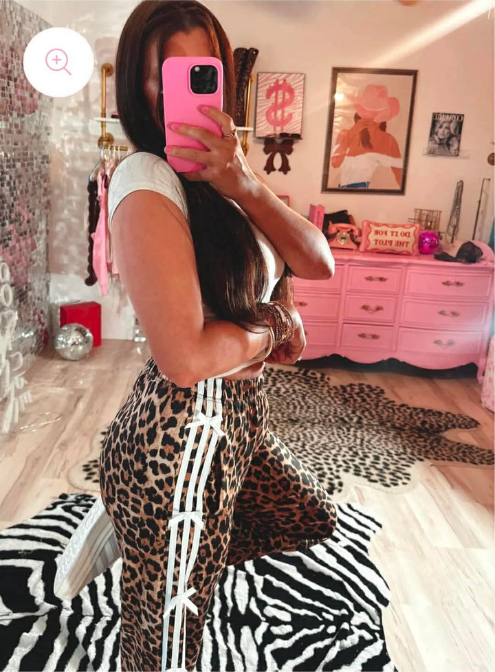 Never Basic Leopard Track Pants with Side Bow Detail {preorder}