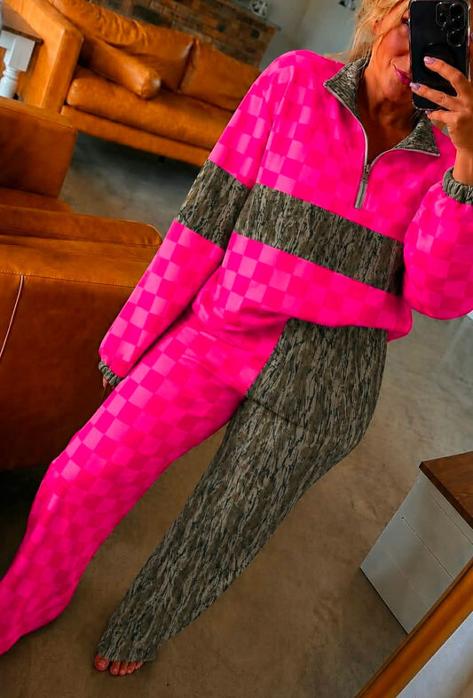 Southern Girl Bottom Camo + Hot Pink Checkered TWO PIECE Set {Pullover + Pants} Youth & Adult Pre order Delivering to late AUGUST mid SEPT SC Custom Piece