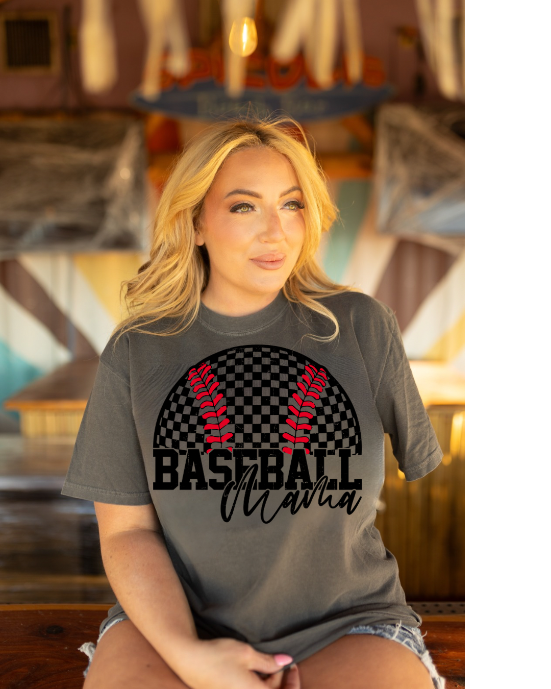 Baseball Mama Checkered Ball Comfort Colors Tee