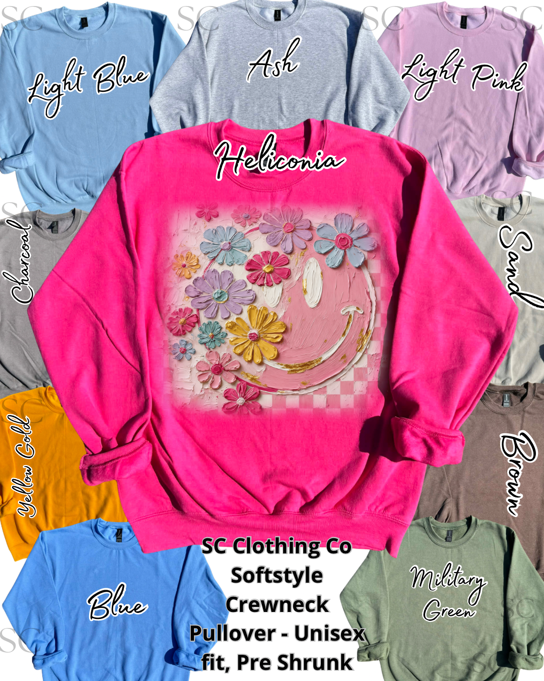 Floral Smiley Faux Oil Paint Pullover