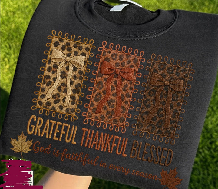 Faux embroidery Thankful Grateful Blessed ADULT & YOUTH TEE OR PULLOVER
