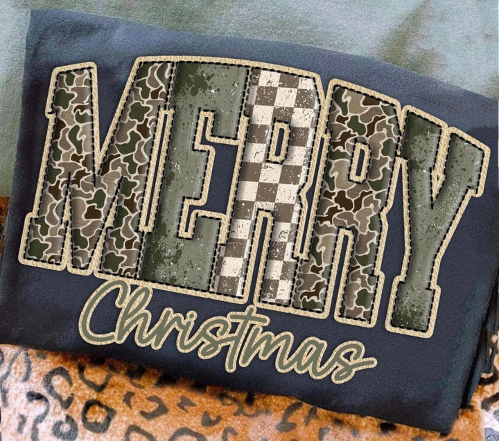 Merry Christmas Stitched Camo ADULT & YOUTH TEE OR PULLOVER