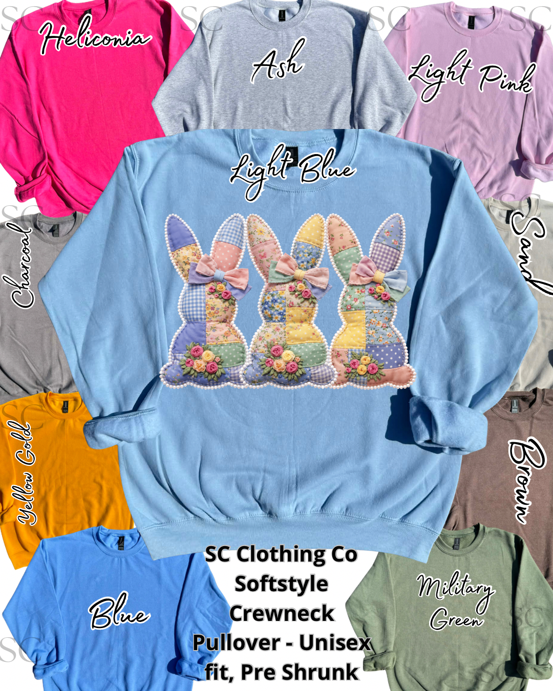 Floral Trio Bunny Faux Patchwork w/ Pearls Pullover