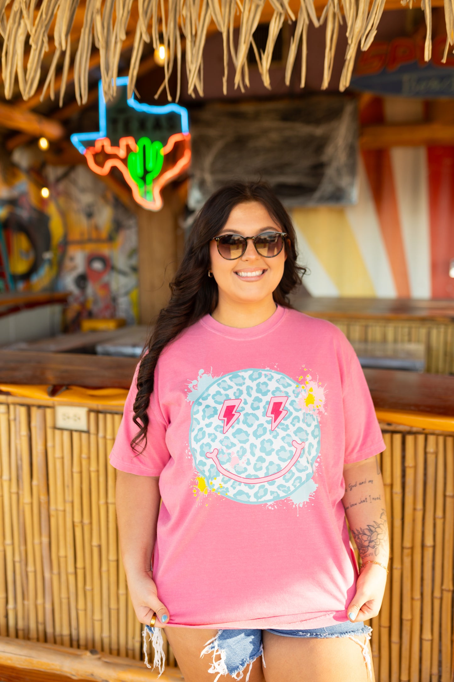Bolt Smiley (blue leopard) Comfort Colors Tee