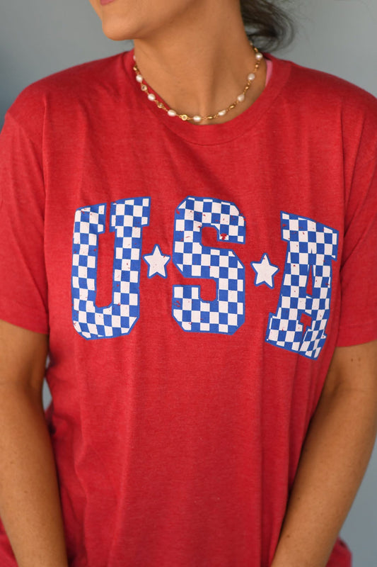 USA blue checkered ADULT TEE OR PULLOVER