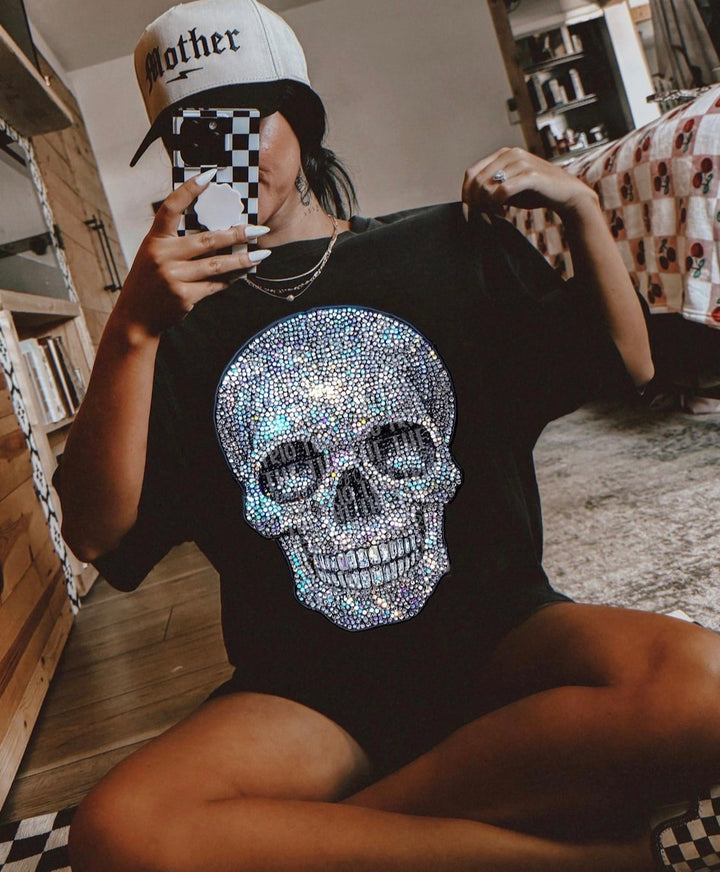 Faux rhinestone skull ADULT & YOUTH TEE OR PULLOVER