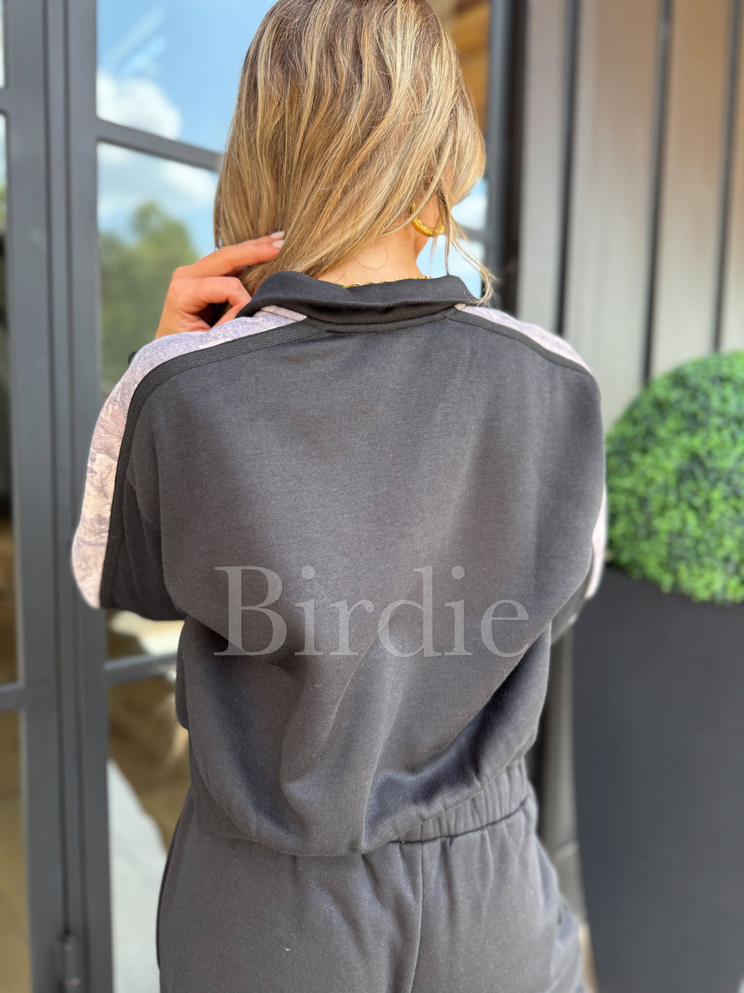 Two Piece Black Set with Dark Camo Stripe (Sold as Set)