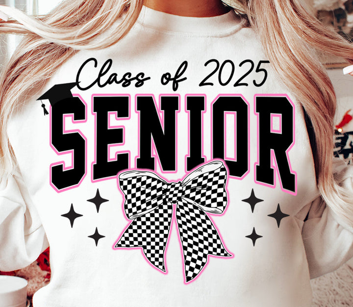 Senior Bow Checkered Pink ADULT TEE OR PULLOVER