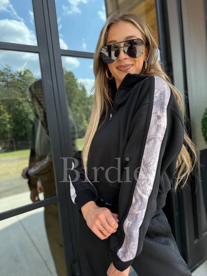 Two Piece Black Set with Dark Camo Stripe (Sold as Set)