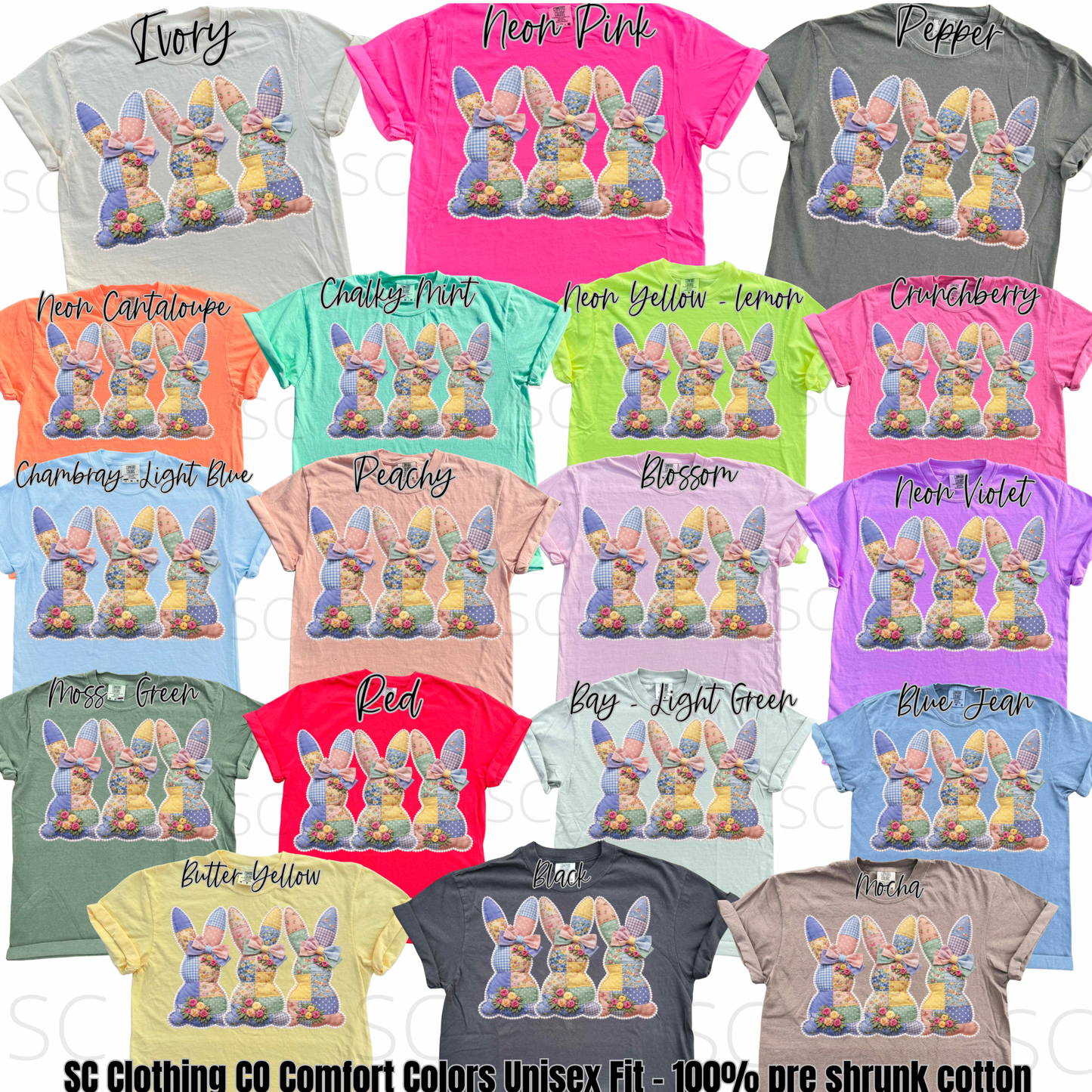 Floral Trio Faux Patchwork Bunny w/ Pearls Comfort Colors Tee