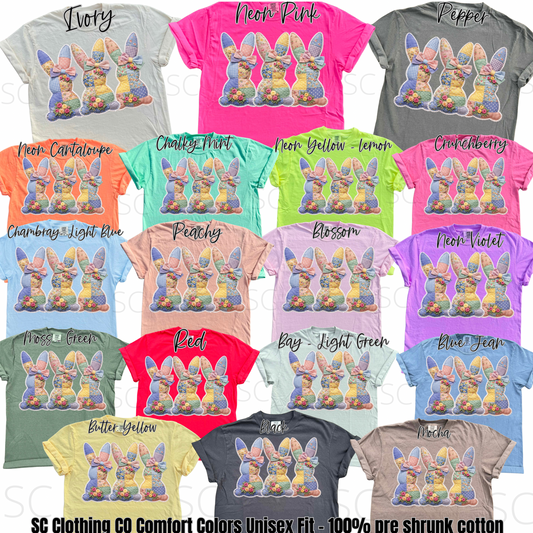 Floral Trio Faux Patchwork Bunny w/ Pearls Comfort Colors Tee