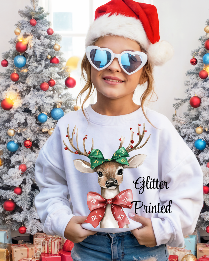 Christmas Doe Deer  {GLITTER PRINTED} Pullover or Tee YOUTH TEE OR PULLOVER