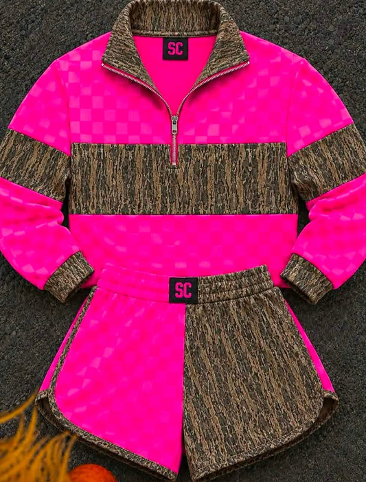 Southern Girl Bottom Camo + Hot Pink Checkered {Set Pullover + Shorts} Youth & Adult Pre order Delivering to you early in September SC Custom Piece