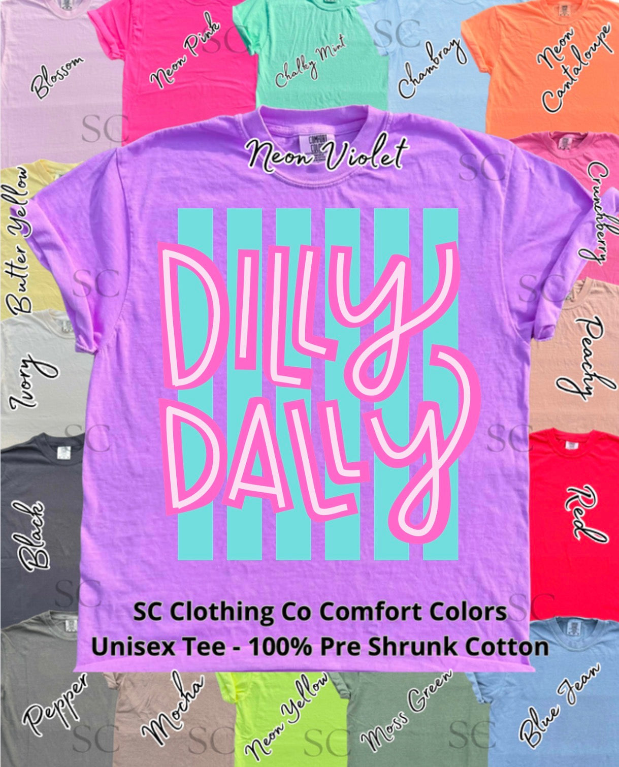 Dilly Dally Blue/Pink Strip Comfort Colors Tee