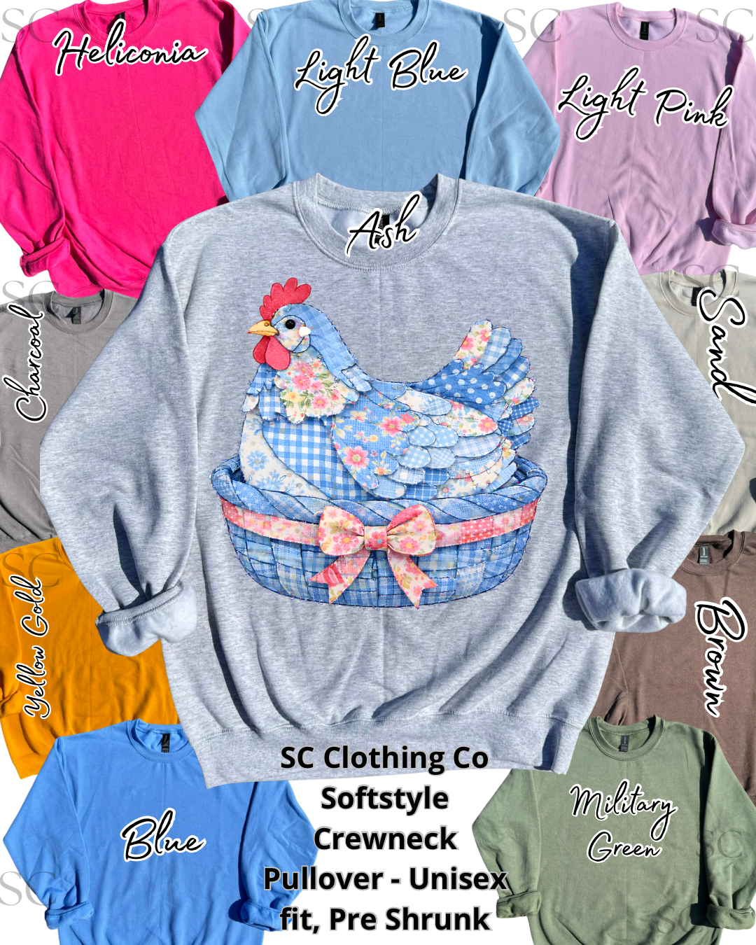 Pullover Blue Faux Patchwork Chicken in Basket
