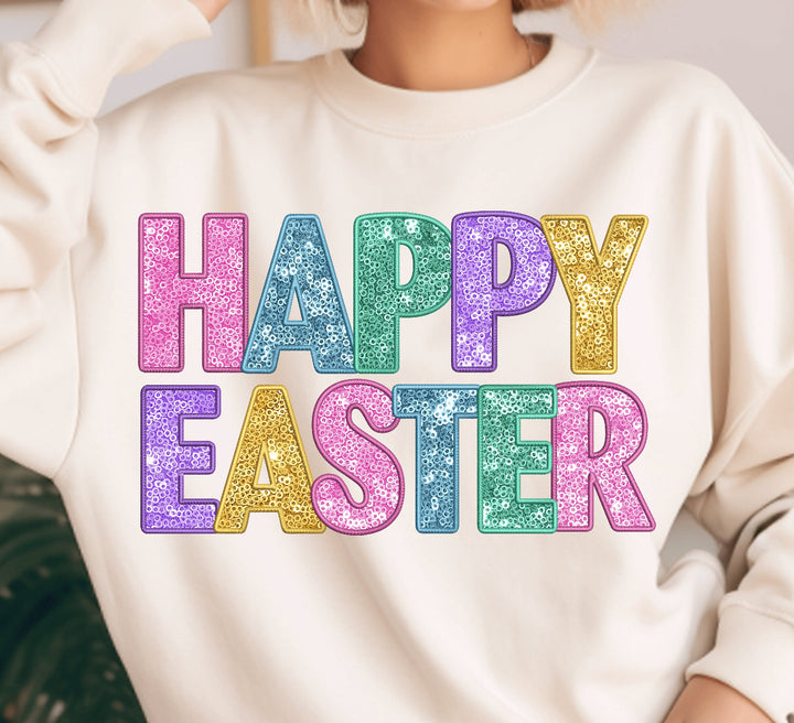 Happy Easter sequin faux ADULT TEE OR PULLOVER