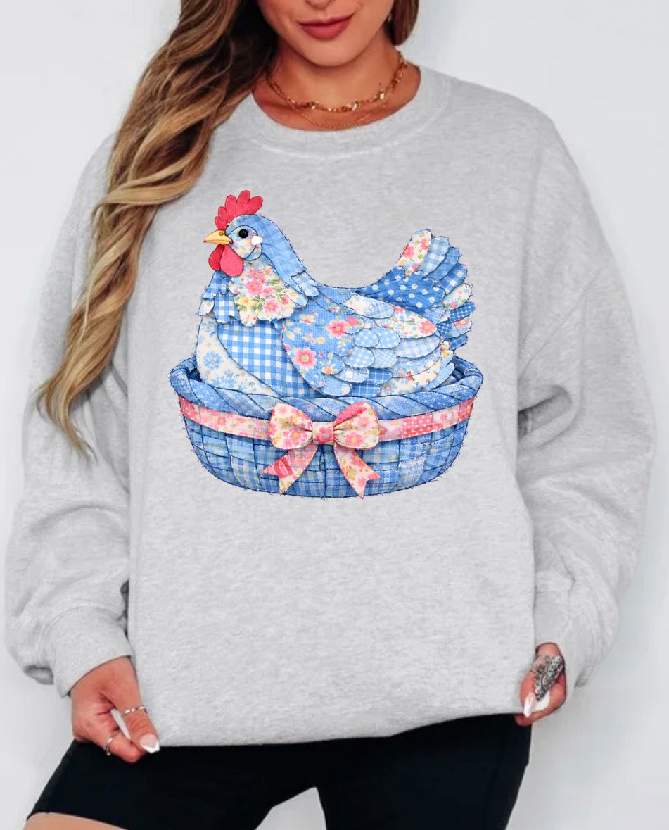 Pullover Blue Faux Patchwork Chicken in Basket