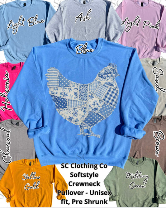 Blue / White Vintage Hen Faux Patchwork Pullover