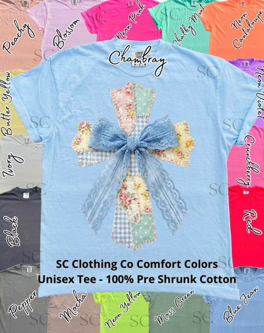 Blue Lace Cross Patchwork Comfort Colors Tee
