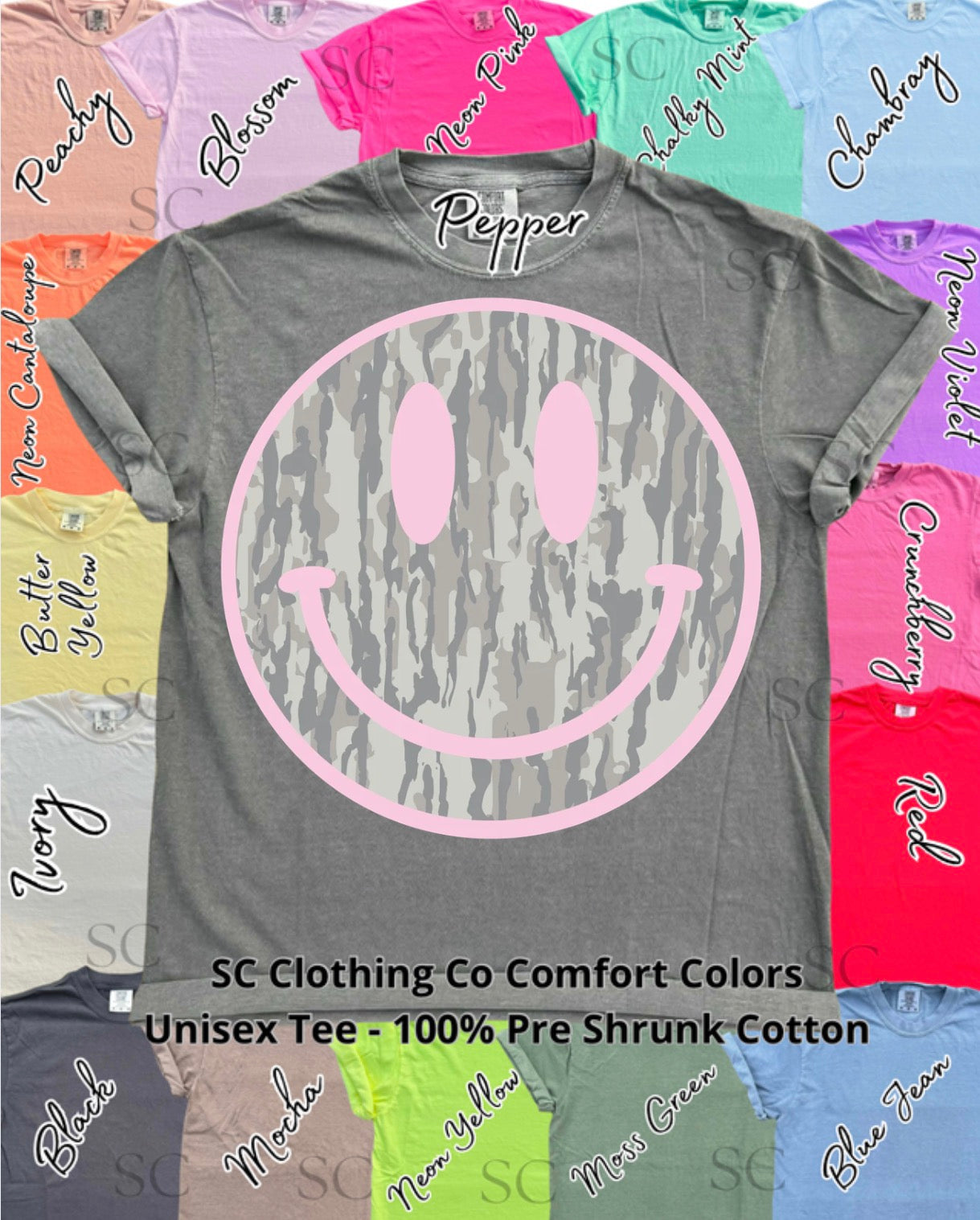 Camo Pink Smiley Comfort Colors Tee