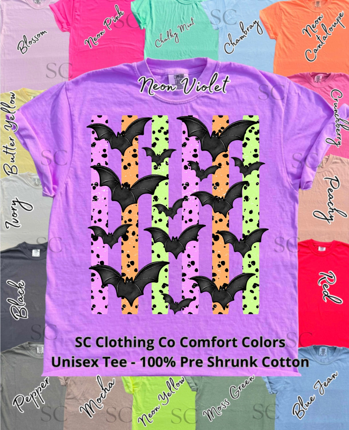 Bats,Bats,Bats Striped Comfort Colors Tee