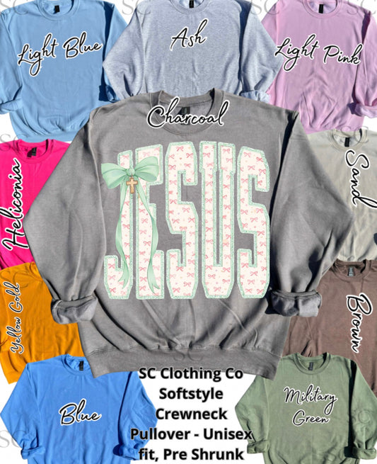 Pullover Pink Bow Jesus with Mint Bow