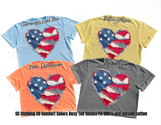 Red/White/Blue Faux Yarn Heart Boxy Comfort Color Tee