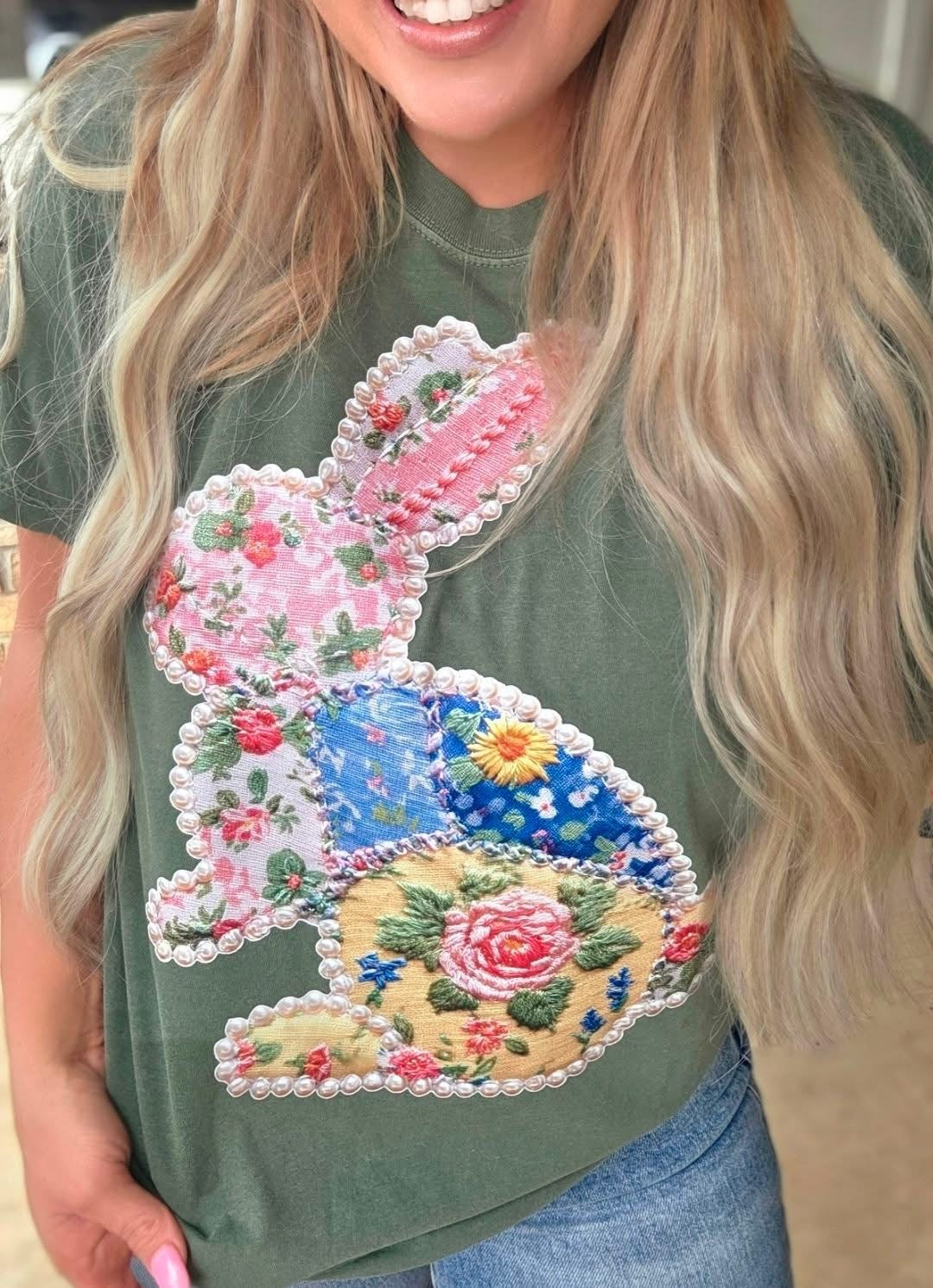 Floral Pearl faux Patchwork Bunny Comfort Colors Tee