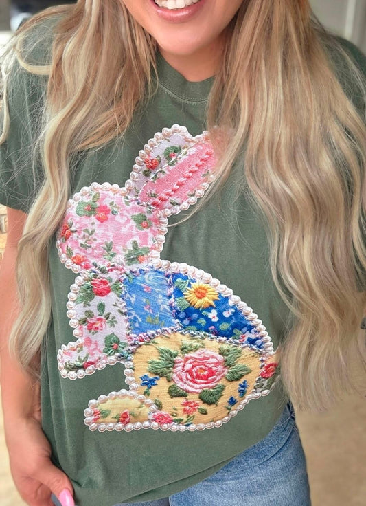 Floral Pearl faux Patchwork Bunny Comfort Colors Tee