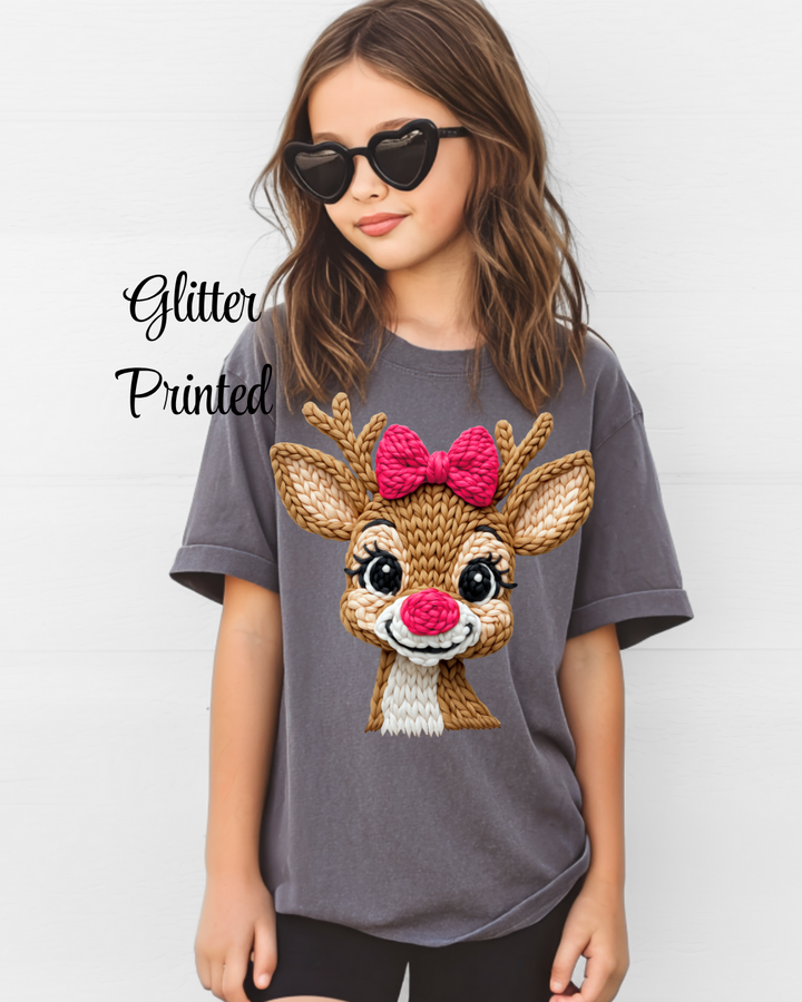 Girly Reindeer  {GLITTER PRINTED} Pullover or Tee YOUTH TEE OR PULLOVER