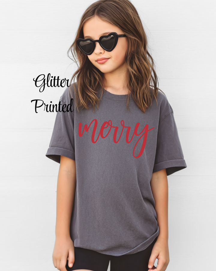 Classic Merry  {GLITTER PRINTED} Pullover or Tee YOUTH TEE OR PULLOVER