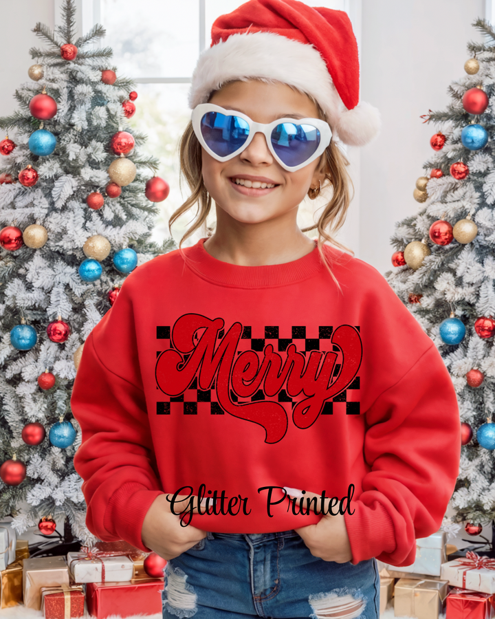 Checkered Merry  {GLITTER PRINTED} Pullover or Tee YOUTH TEE OR PULLOVER