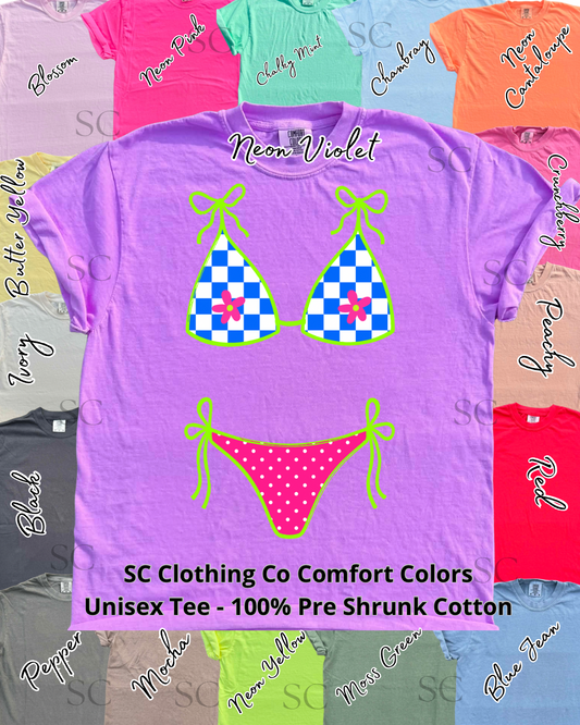 Retro Splash- Checked+Pink Bikini Comfort Colors Tee