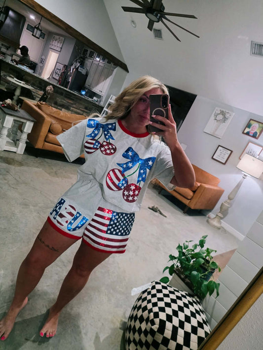 Star Spangled SC Sparkle Exclusive Custom Two Piece Embroidered Sequin Short Set with Pockets - Arrival EARLY to Mid May to you