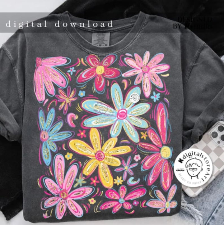Hand drawn floral ADULT TEE OR PULLOVER