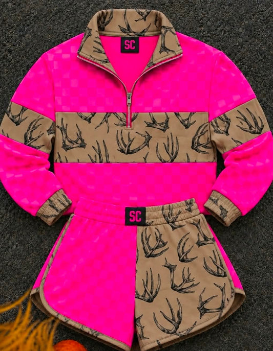 Southern Girl Antlers + Hot Pink Checkered {Set Pullover + Shorts} Youth & Adult Pre order Delivering to you early in September SC Custom Piece