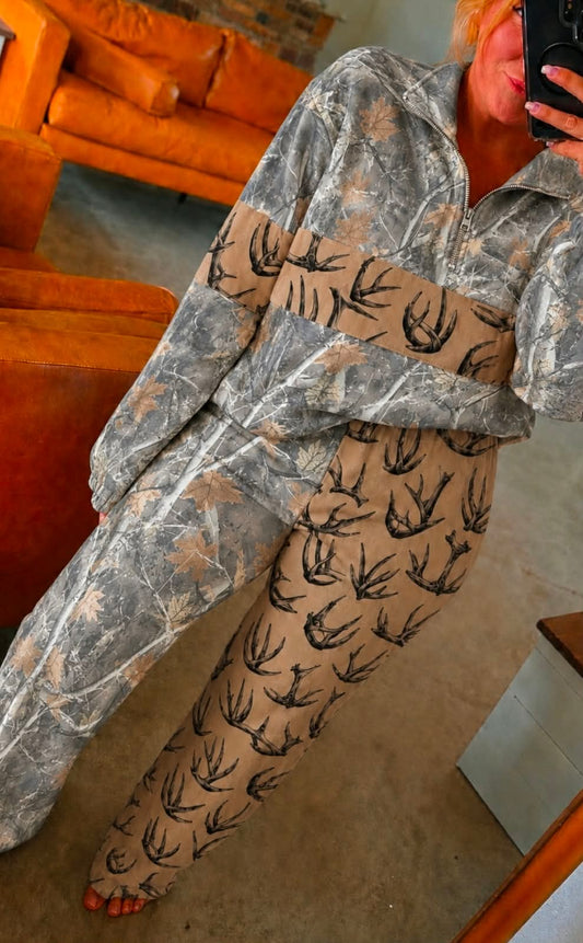 Southern Girl Antlers + Leaf Camo TWO PIECE Set {Pullover + Pants} Youth & Adult Pre order Delivering to you late AUGUST mid SEPT SC Custom Piece
