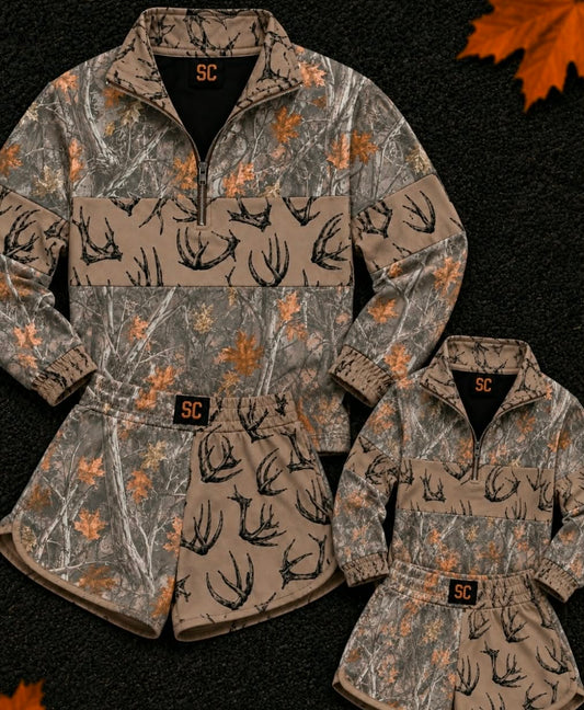 Southern Girl Antlers + Leaf Camo {Set Pullover + Shorts} Youth & Adult Pre order Delivering to you early in September SC Custom Piece