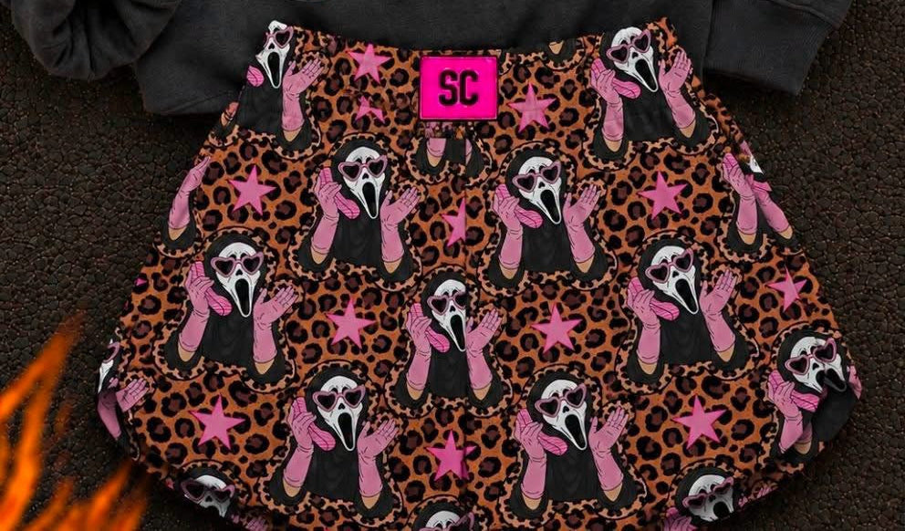 Cheetah Ghost Face {Shorts ONLY} Youth & Adult Pre order Delivering to you late AUGUST - Mid Sept SC Custom Piece
