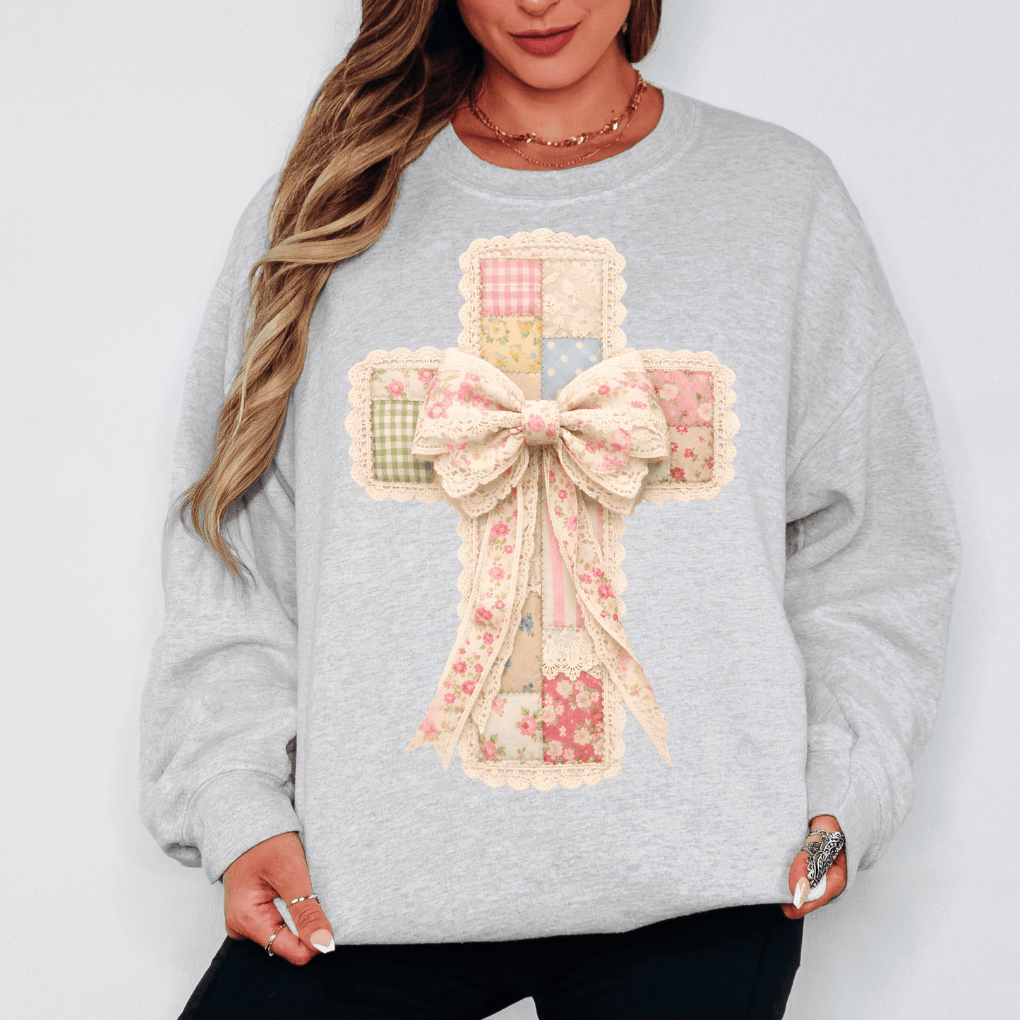 Pink Lace Cross Faux Patchwork Pullover